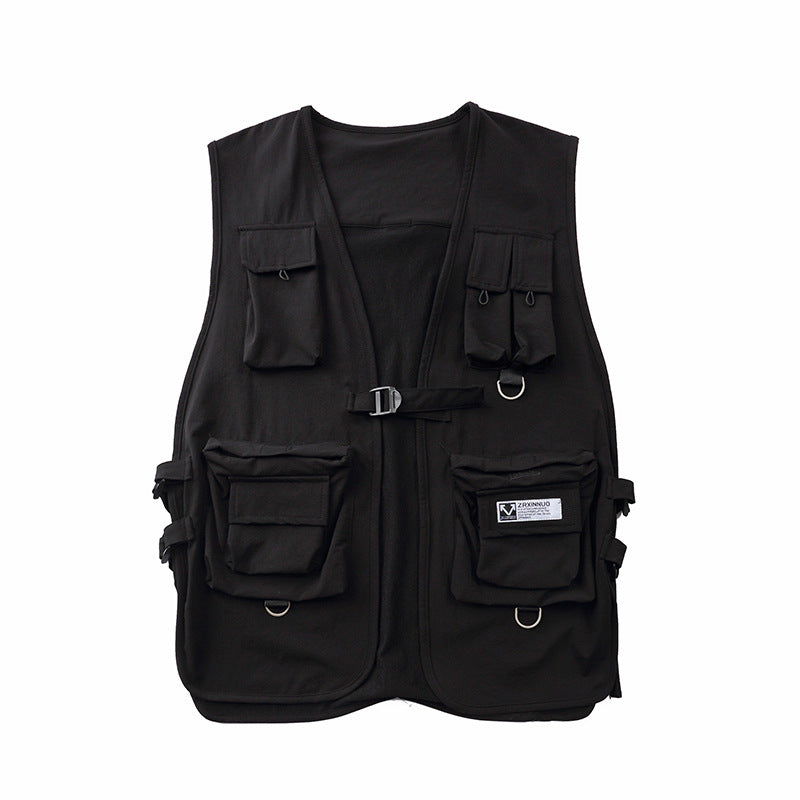 Men Sweater Vest Mechanical Style Multi-Pocket Workwear Vest Men's Ribbon Vest Boyfriend Harajuku Style Sleeveless Jacket