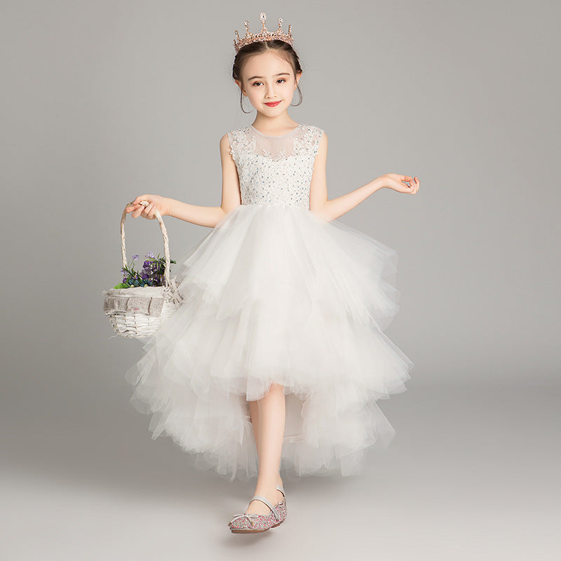 Princess Charlotte Flower Girl Dress Children Princess Host White Birthday Costume for Piano Performance