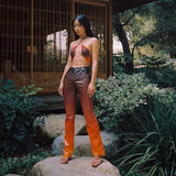 Brown Leather Pants Winter High Waist Slim Slimming Gradient Straight Casual Pants for Women