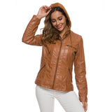 Cute Leather Jacket Hooded Long-Sleeve Zipper Solid Color Jacket Coat
