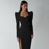 Winter Formal Dresses Autumn Solid Color Pullover Puff Sleeve Split Long Sleeve Dress