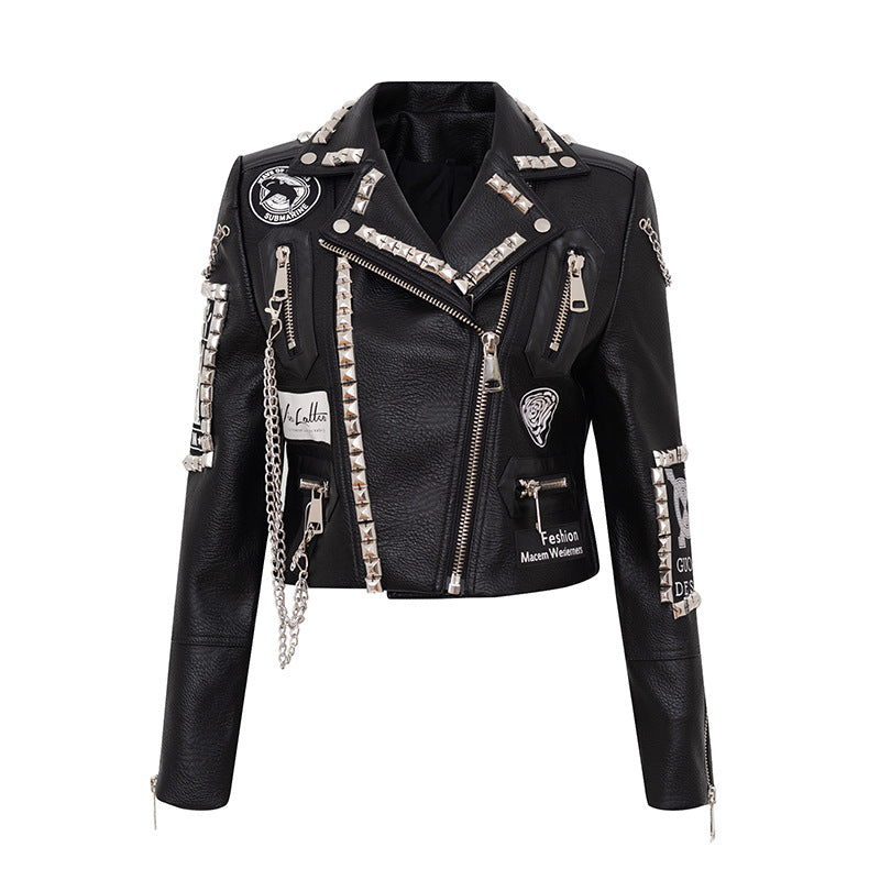 Punk Rock Jacket Autumn and Winter Rivet Coat Graffiti Printing Leather Coat