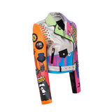 Punk Rock Jacket Graffiti Printing Motorcycle Leather Coat