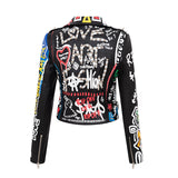 Women Leather Jacket Biker Motorcycle Coat Printed Contrast Color Jacket Motorcycle Leather Coat Female Suit Collar Trendy Coat