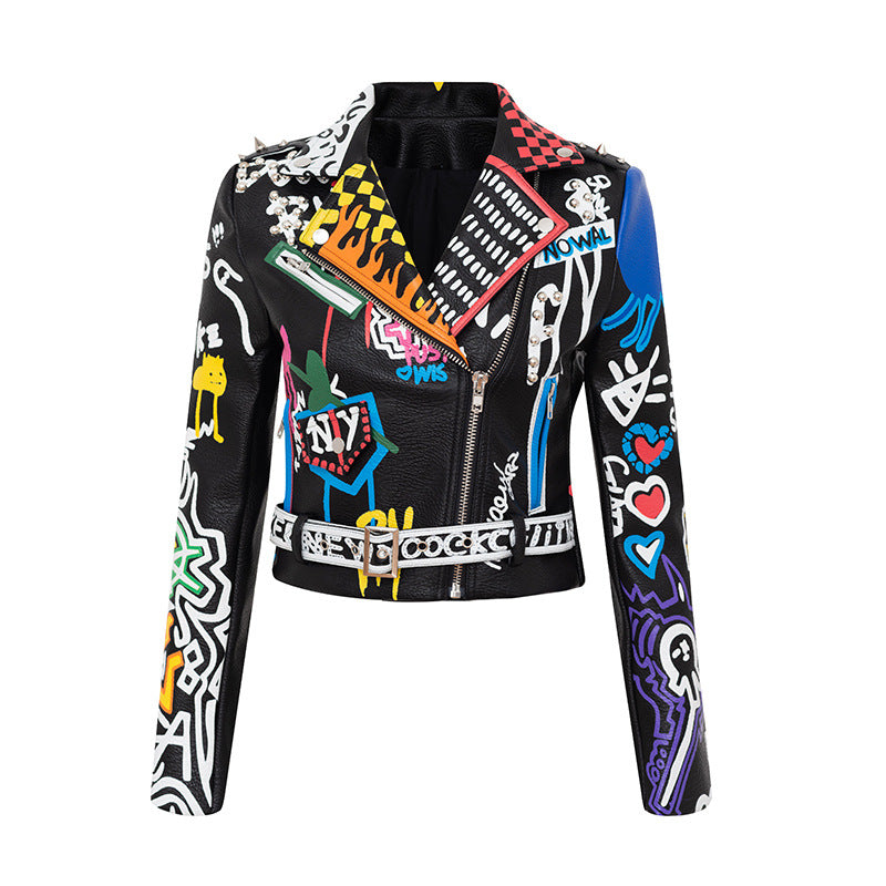 Women Leather Jacket Biker Motorcycle Coat Printed Contrast Color Jacket Motorcycle Leather Coat Female Suit Collar Trendy Coat