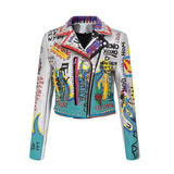 Women Leather Jacket Biker Motorcycle Coat Women's Slim Top Printed Jacket Small Leather Coat
