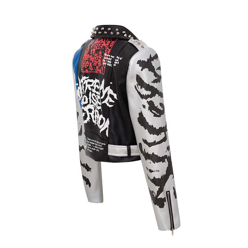 Women's Leather Jacket Biker Motorcycle Coat Printed Coat Contrast Color Coat Women's Slim-Fitting Biker Leather Coat Women's Top