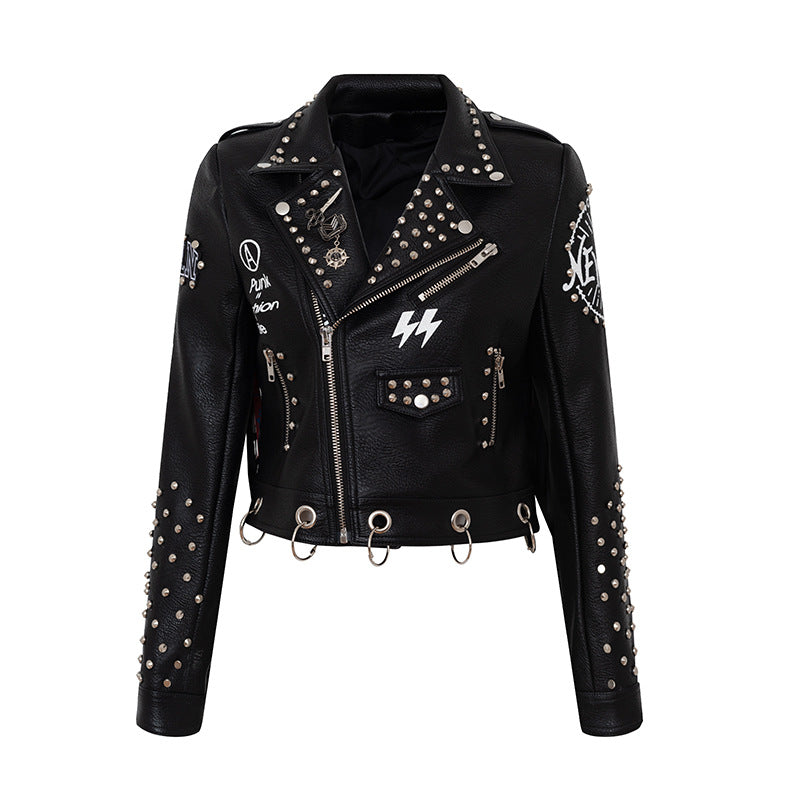 Punk Rock Jacket Short Leather Jacket Graffiti Women's Coat
