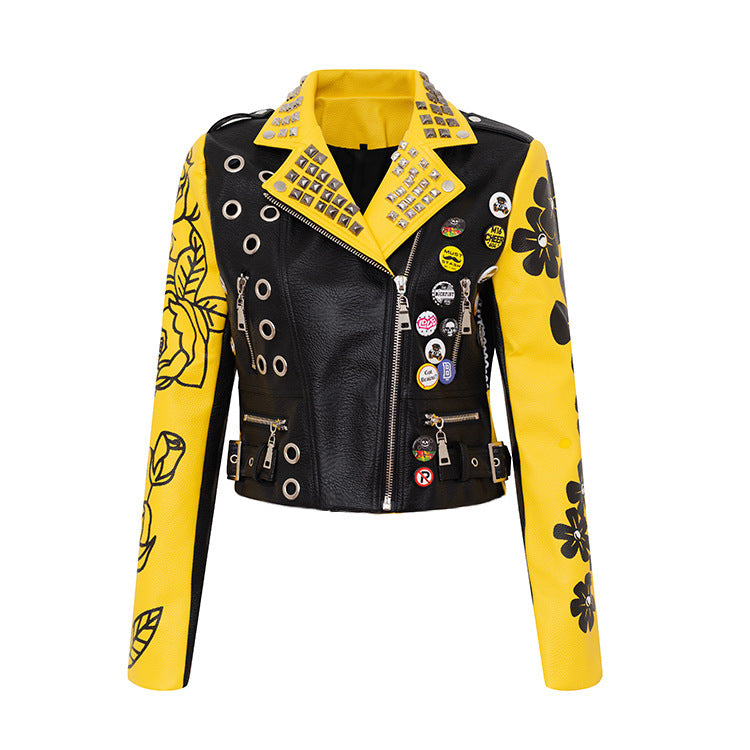 Punk Rock Jacket Lapel Graffiti Motorcycle Clothing Leather Jacket