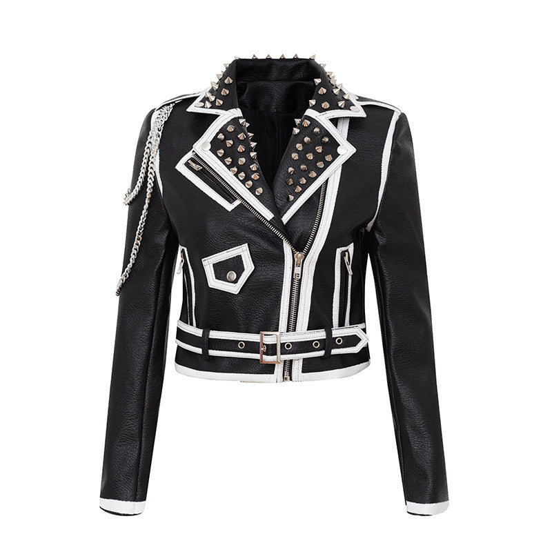 Women's Leather Jacket Biker Motorcycle Coat Autumn and Winter Fashion Chain Coat Printed Leather Coat for Women