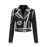 Women's Leather Jacket Biker Motorcycle Coat Autumn and Winter Fashion Chain Coat Printed Leather Coat for Women
