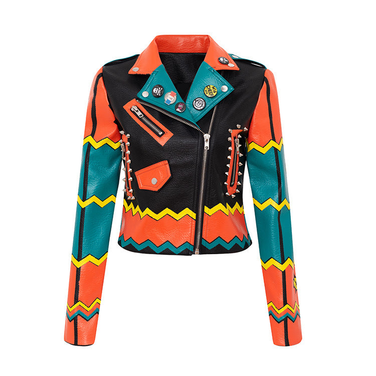 Women Leather Jacket Biker Motorcycle Coat Winter Women's Clothing Coat Graffiti Printing Short