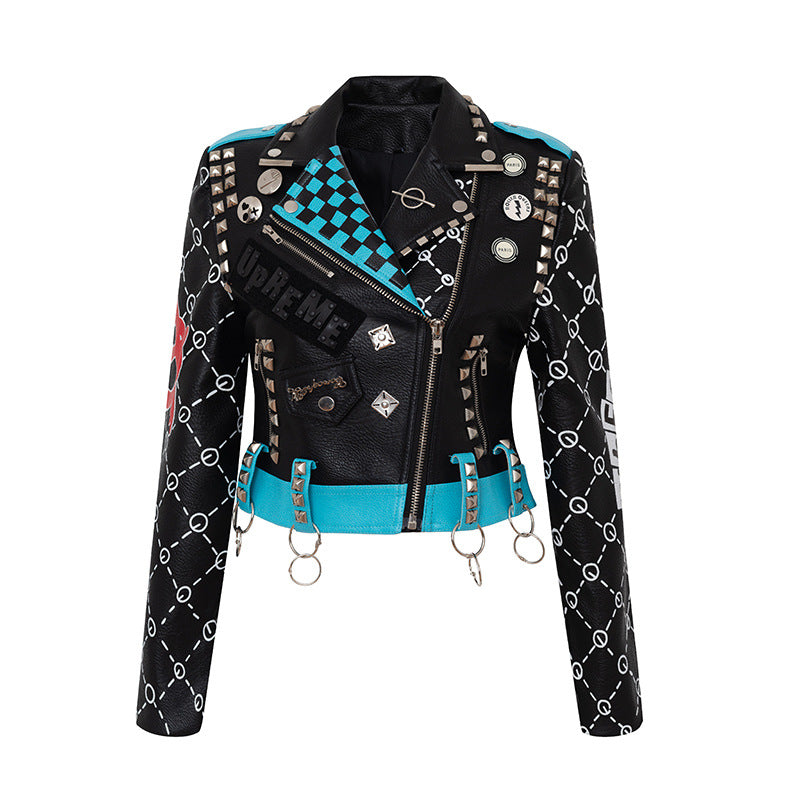Punk Rock Jacket Motorcycle Leather Coat for Women Graffiti Printing