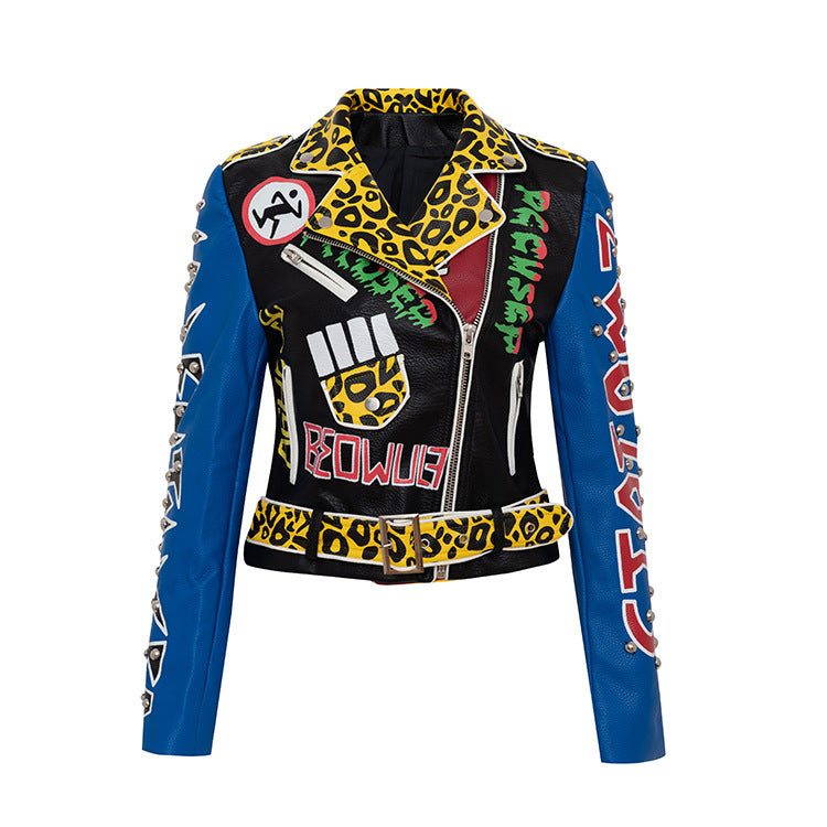 Women's Leather Jacket Biker Motorcycle Coat Printed Motorcycle Clothing Short Autumn and Winter Fashion Motorcycle Leather Coat for Women