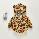 Winter Rompersins Winter Infant Warm Plush Leopard Print Jumpsuit Thickened Rompers Hooded