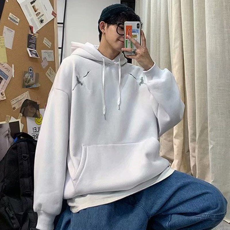 Men Sweatshirts Vintage Crane Embroidered Sweater Men's Loose Hooded