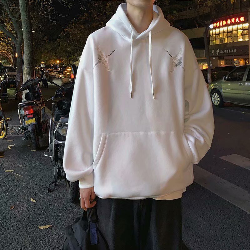 Men Sweatshirts Vintage Crane Embroidered Sweater Men's Loose Hooded