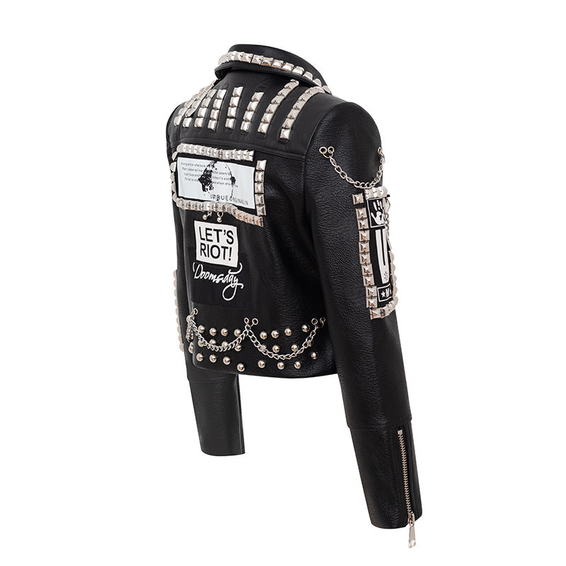 Punk Rock Jacket Autumn and Winter Rivet Coat Graffiti Printing Leather Coat