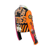 Women Leather Jacket Biker Motorcycle Coat Graffiti Printing Motorcycle Leather Coat Female Contrast Color Slim Fit