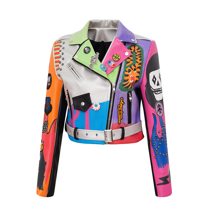 Punk Rock Jacket Graffiti Printing Motorcycle Leather Coat