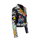 Women Leather Jacket Biker Motorcycle Coat Printed Contrast Color Jacket Motorcycle Leather Coat Female Suit Collar Trendy Coat