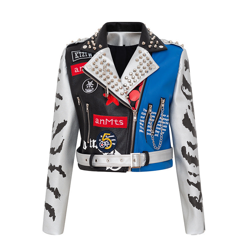 Women's Leather Jacket Biker Motorcycle Coat Printed Coat Contrast Color Coat Women's Slim-Fitting Biker Leather Coat Women's Top