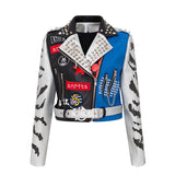 Women's Leather Jacket Biker Motorcycle Coat Printed Coat Contrast Color Coat Women's Slim-Fitting Biker Leather Coat Women's Top
