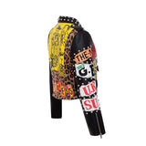 Women Leather Jacket Biker Motorcycle Coat Autumn and Winter Fashion Chain Leather Printed Top Slim-Fit Leather Coat Women