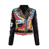 Women Leather Jacket Biker Motorcycle Coat Autumn and Winter Fashion Chain Leather Printed Top Slim-Fit Leather Coat Women