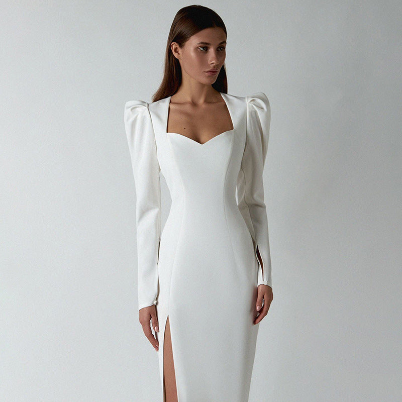 Winter Formal Dresses Autumn Solid Color Pullover Puff Sleeve Split Long Sleeve Dress
