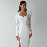 Winter Formal Dresses Autumn Solid Color Pullover Puff Sleeve Split Long Sleeve Dress