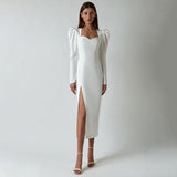Winter Formal Dresses Autumn Solid Color Pullover Puff Sleeve Split Long Sleeve Dress
