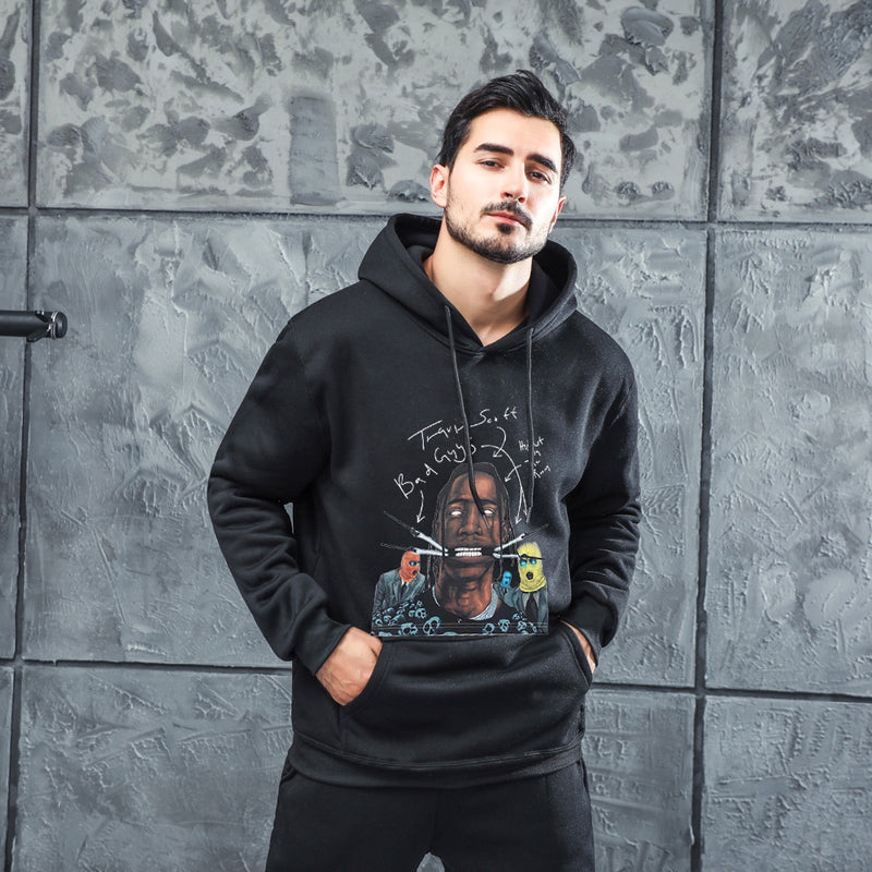 Men Graphic Hoodie Fashion Casual Men Velvet Padded Hooded Sweatshirt
