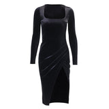 Winter Formal Dresses Sexy Slim Fit Square Collar Dress for Women Slit Skirt