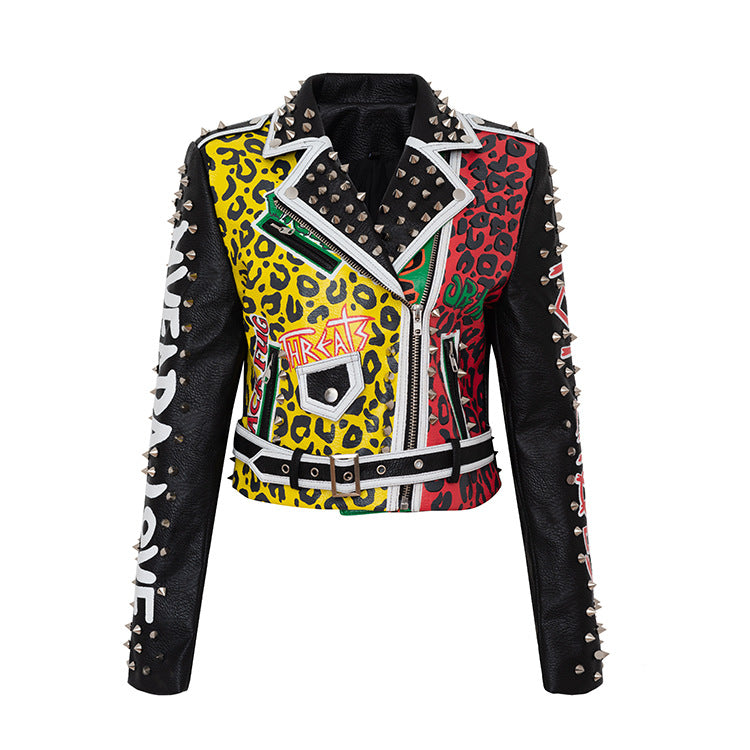 Women Leather Jacket Biker Motorcycle Coat Graffiti Printing Leather Coat Motorcycle Jacket Pu Coat for Women