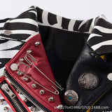 Women Leather Jacket Biker Motorcycle Coat Graffiti Leather Jacket Color Contrast Short Slim Wallet