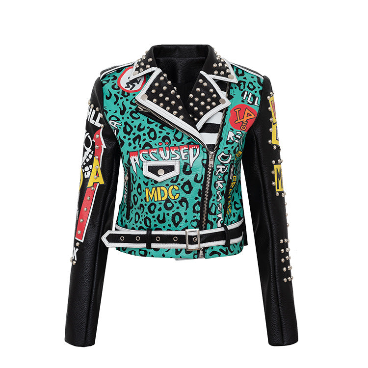 Women Leather Jacket Biker Motorcycle Coat Punk Graffiti Printing Leather Jacket Coat Women's Jacket