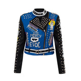 Women Leather Jacket Biker Motorcycle Coat Autumn and Winter Leather Jacket Lapel Long Sleeve Printed Contrast Color Motorcycle Leather Coat