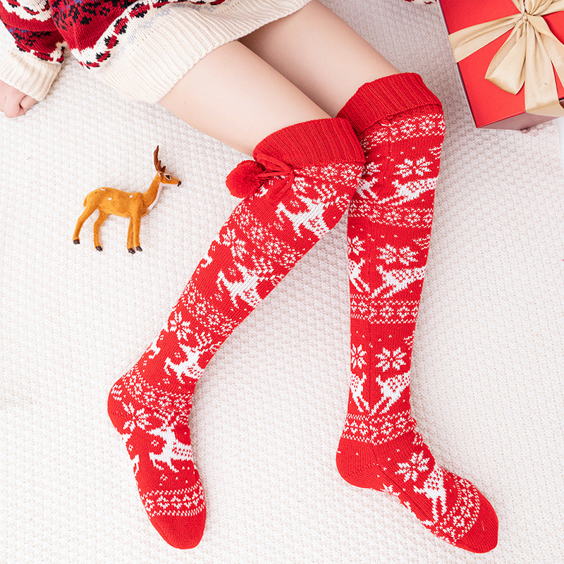 Winter Thick Knit Thigh High Socks Long Stockings Boot Christmas Stockings Elk with Ball Knitting Long Stockings Female
