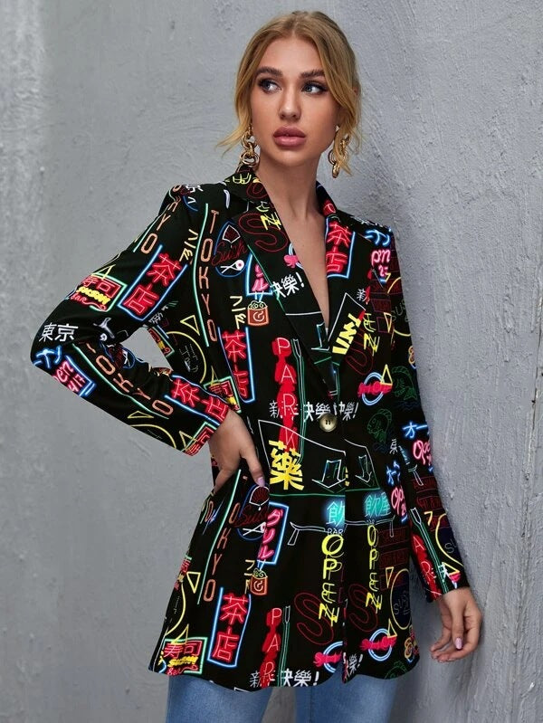 Boyfriend Floral Blzer Fashion Print Small Business Suit Coat Women's Clothing