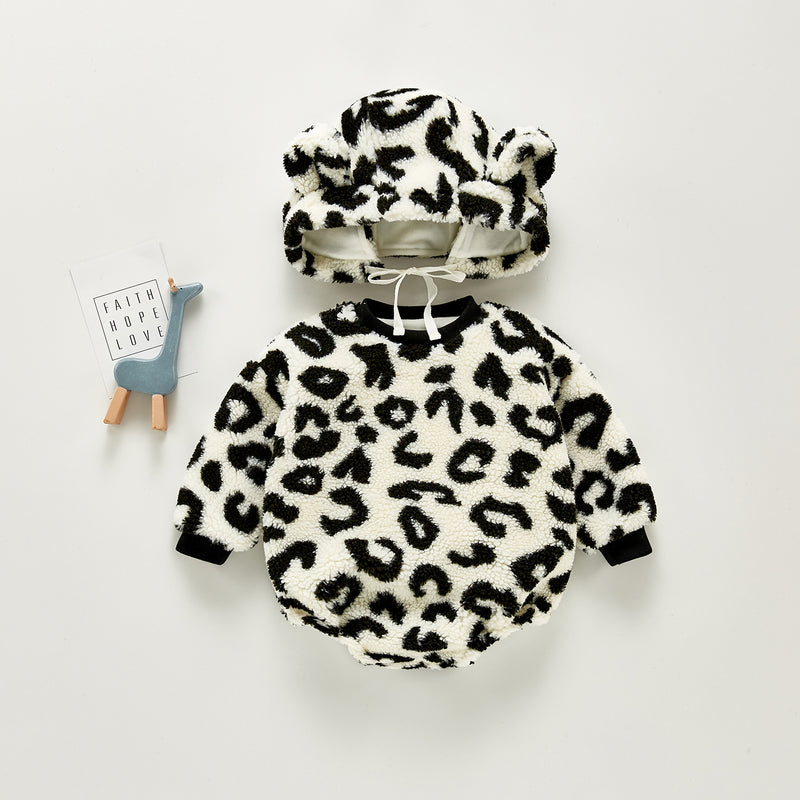 Winter Rompersins Winter Infant Warm Plush Leopard Print Jumpsuit Thickened Rompers Hooded