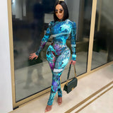 See through Pants Suit Autumn and Winter Fashion Sexy Print See-through Mesh Two-Piece Set Women