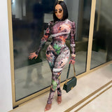 See through Pants Suit Autumn and Winter Fashion Sexy Print See-through Mesh Two-Piece Set Women