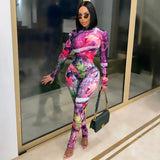 See through Pants Suit Autumn and Winter Fashion Sexy Print See-through Mesh Two-Piece Set Women
