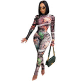 See through Pants Suit Autumn and Winter Fashion Sexy Print See-through Mesh Two-Piece Set Women