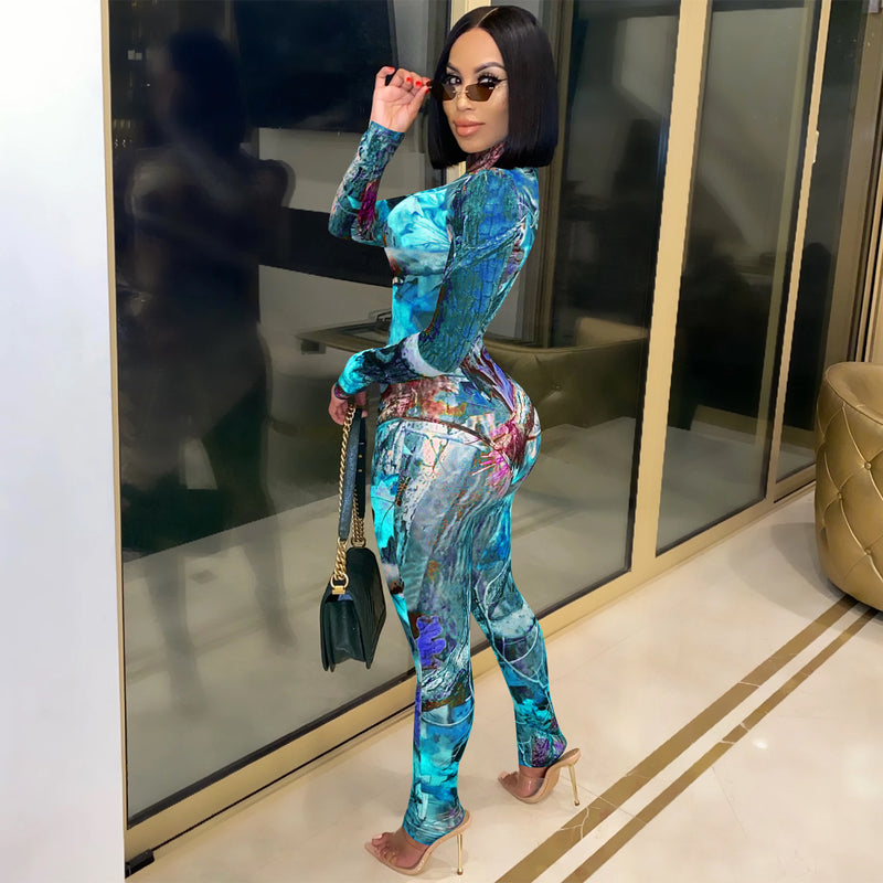 See through Pants Suit Autumn and Winter Fashion Sexy Print See-through Mesh Two-Piece Set Women