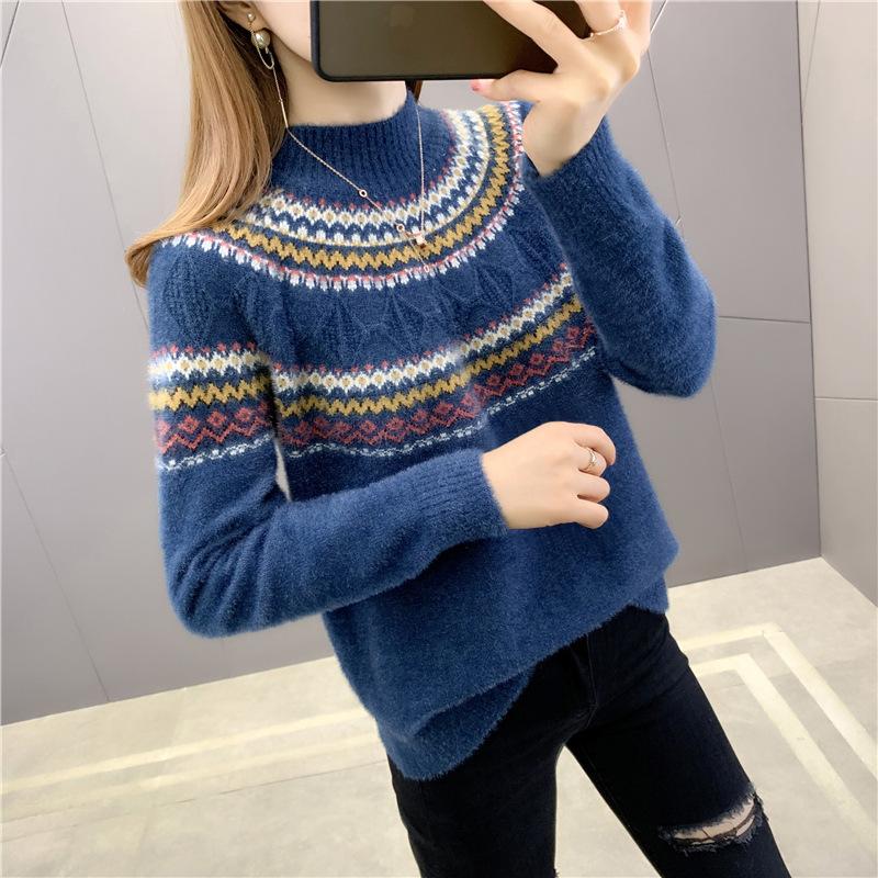 Fair Isle Sweater Cottagecore Outfits for Women Autumn and Winter Half-High Collar Pullover Fashion Knitwear