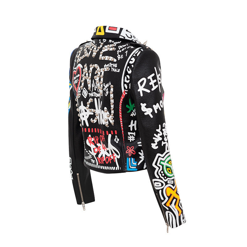 Women Leather Jacket Biker Motorcycle Coat Printed Contrast Color Jacket Motorcycle Leather Coat Female Suit Collar Trendy Coat