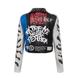 Women's Leather Jacket Biker Motorcycle Coat Printed Coat Contrast Color Coat Women's Slim-Fitting Biker Leather Coat Women's Top