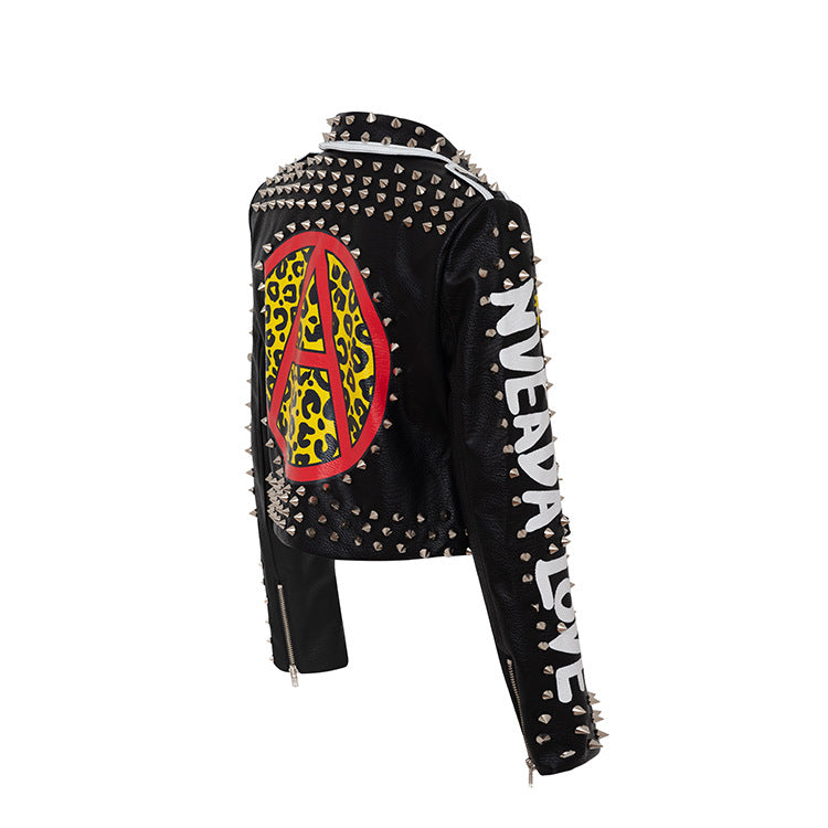 Punk Rock Jacket Graffiti Printing Leather Coat Riveting Machine Car Coat Pu Coat for Women